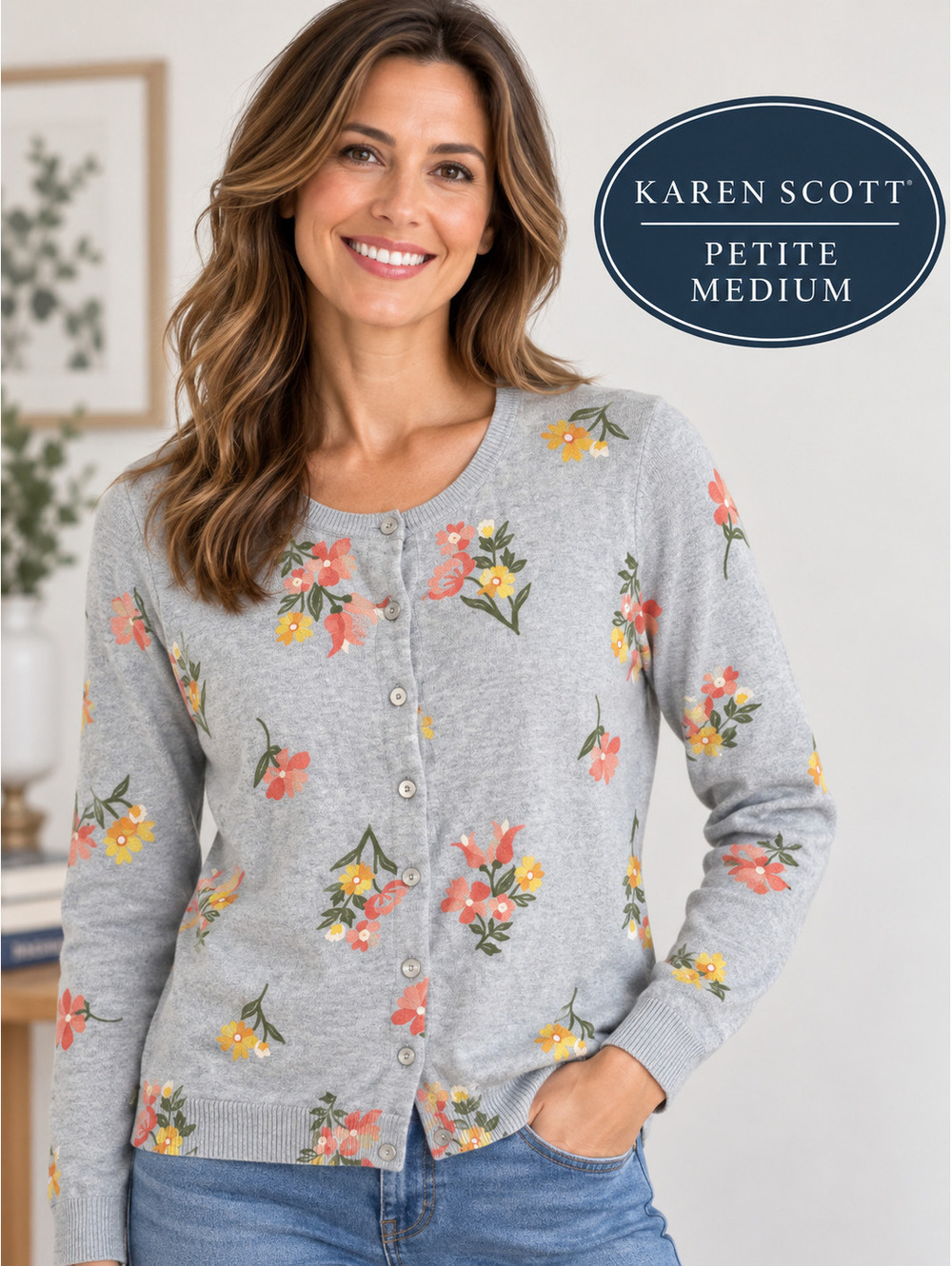 Karen Scott Petites | PM | Gray Floral Cardigan